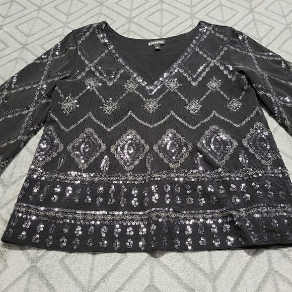 Express Black Sequin V Neck Crop Wide Sleeve Dressy Classy Chic Western Blouse - Picture 3 of 5